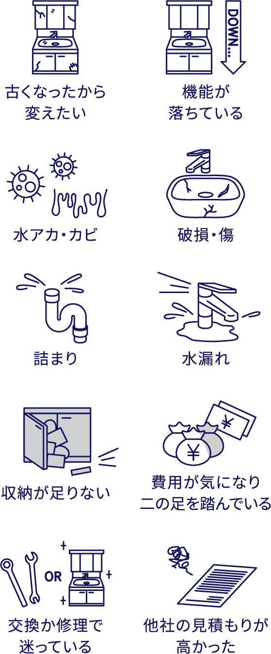 古くなったから変えたい・機能が落ちている・水アカ・カビ・破損・傷・つまり・水漏れ・収納が足りない・費用が気になり二の足を踏んでいる・交換か修理で迷っている・他社の見積もりが高かった